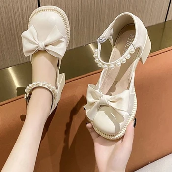 pérola arco mary jane sandálias das Mulheres Lolita Grosso Mary Janes Salto Alto Sapatos de Bombas de Verão, Sandálias Cadeia de Calçados femininos Zapatos 2022