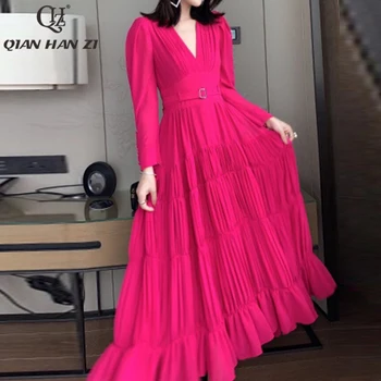 Qian Han Zi designer high-end personalizado moda vestido Mulher manga Longa botões cinto de ajuste Fino com plissado Elegante vestido midi