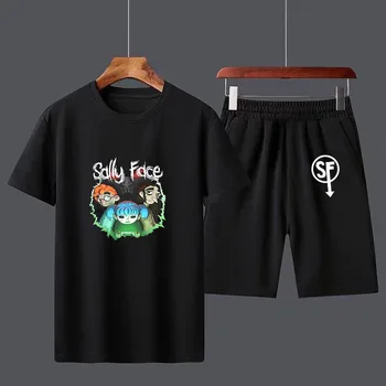 Quente Sally Rosto de Algodão dos Homens T-shirt, Shorts Define Respirável Casual T-shirt Executar o Conjunto de Meninos Harajuku Masculinas de Streetwear Tops