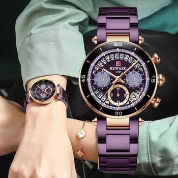 RECOMPENSA Quente Mulheres Relógios de Marca de Moda Relógio de Quartzo do Aço Inoxidável, Impermeável Mulheres Relógio de Pulso Relógio Com Caixa para Senhoras