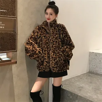 Revestimento Do Inverno Das Mulheres Chaqueta Vintage Leopard Stand Colarinho Zíper Outwear Senhora Solta Keep Warm Fuzzy Top Coat Streetwear A1454