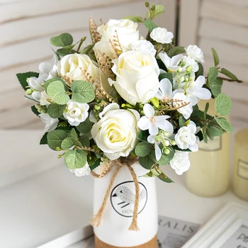 Rosas Artificiais de Eucalipto Flores Bouquet Branco de Alta Qualidade Seda Falso de Flores para Mesa de Sala de estar, Casa de Decoração de Casamento