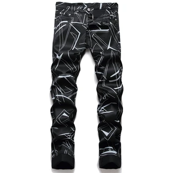 Rua de verão calças de Brim dos Homens de Impressão Digital de Algodão Calça Preta de Moda Slim Meados de Cintura Casual, de Jeans Vestuário