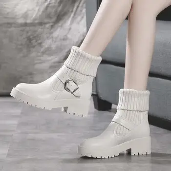 Sapatos para as Mulheres da Moda de Inverno Tricô, Veludo, o Tornozelo Botas de Mulheres coreano Lace-up a Plataforma de Botas Quentes Botão Quadrado Botas De Mulher