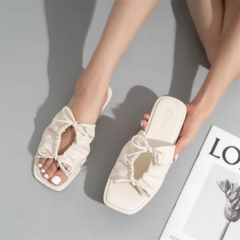Senhoras Oca, Chinelos de quarto 2021 Verão Nova Tendência Plano Simples de Sapatos de Senhoras de Laço Laço de Mulas Sexy de bico Aberto Senhoras Flip Flops