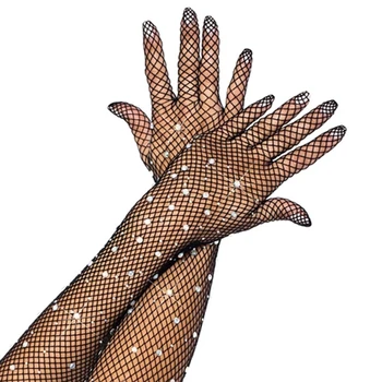 Sexy Malha Elástica Longas Luvas de Verão Ultra-Finas de Diamantes Dedo Completo Luvas de Bungee Fase Desempenho Boate de Mulheres Luvas
