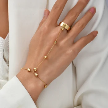 Simples Anel de Dedo de Bracelete para as Mulheres da Cor do Ouro do Metal de Coração em Forma de Grânulos Cadeia Ligado Pulseiras de Mão de Acessórios de Jóias
