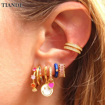 TIANDE Ouro Chapeado Cair Brincos para Mulheres Embutidos Coloridas Zircão Esmalte Ear Cuff Stud Oscila o Brinco Conjunto de Jóias Atacado