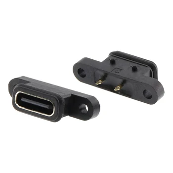 TIPO C 2 pinos Impermeável Fêmea USB C Porta de Soquete Com o Furo do Parafuso de carregamento Rápido Carregamento da Interface de 180 Graus Conector USB 2Pcs
