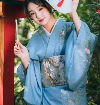 Tradicional Quimono Japonês Mulheres Formal manto Vintage Impressão Diária Gueixa Antiga Primavera Azul