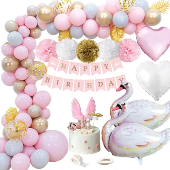 Um Ano de Aniversário da Menina do Balão Decoração cor-de-Rosa Swan Primeira Festa de Aniversário, Decorações para Crianças Garota do Chuveiro de Bebê de Gênero Revelam Suprimentos