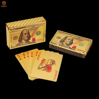 Um conjunto Impermeável Folha de Ouro de Plástico Cartas de Jogar Poke 100$ Golden Jogos de Tabuleiro, Cartas de Poker Coleção