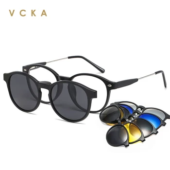 VCKA 6 Em 1 Homens Mulheres Polarizada Óptico Magnético Óculos de sol Redondo Ímã Clipe de Óculos Personalizável Miopia Óculos de Armação
