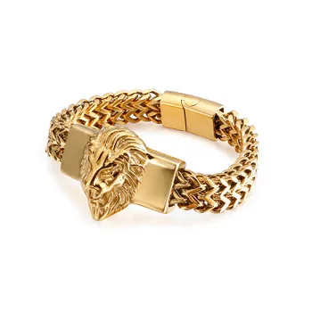 Venda superior Figaro Cadeia de Mens Bracelete de Aço Inoxidável da Cor do Ouro do Leão Cabeça Bracelete de Alta Qualidade Mens Bracelete de 8,66 polegada