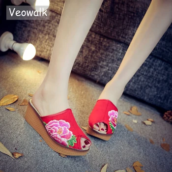 Veowalk Artesanal Vintage das Mulheres de Abrir o Peep Toe de Lona de Chinelos Bordados Florais de Verão do Algodão da Cunha Plataformas de Sapatos para Mulher