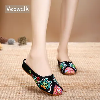Veowalk Vintage Mulheres Tela Perto Do Dedo Do Pé Chinelos De Quarto Chinês Bordado Senhoras Apartamento Confortável Slides Retro Sapatos De Verão