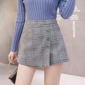 Versão coreana de cintura alta de lã Uma palavra-shorts de estudantes do sexo feminino' joker saias do outono/inverno novo slim xadrez grande-perna casual calças