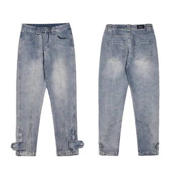 Vintage High Street Dividir Jeans com Zíper Torção Botão de Homens E Mulheres Usados Casual Calças