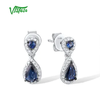 VISTOSO 14K 585 Branca, Brincos de Ouro Para as Mulheres Espumante Azul Safira Diamante Brincos de Estilo Simples, Moda Jóias Finas
