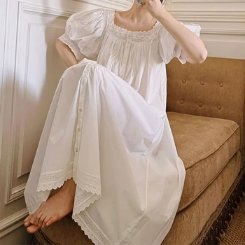 Vitoriano Branco Vestido De Noite Das Mulheres De Verão De Puro Algodão De Manga Curta, Longa Peignoir Vintage Camisola Pijamas Princesa De Dormir