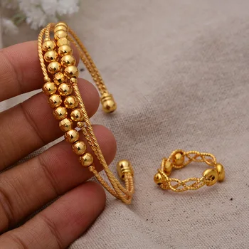 Wando Cor de Ouro Pulseiras para Mulheres Meninas com anel, Bracelete do Grânulo Islâmica Árabe Muçulmano do Oriente Médio Jóia Africana Pulseira de Presente