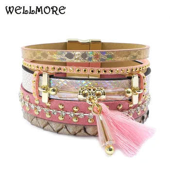WELLMORE braceletes de Couro de borla, o cristal ,o Boêmio charme pulseiras para mulheres de jóias por atacado de drop shipping