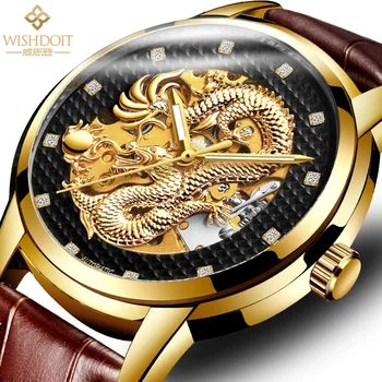 WISHDOIT Homens Mecânico Automático Relógios de Estilo Chinês, Dominador Grande Dial Correia de Aço Couro de Dragão Voador Relógio de Ouro