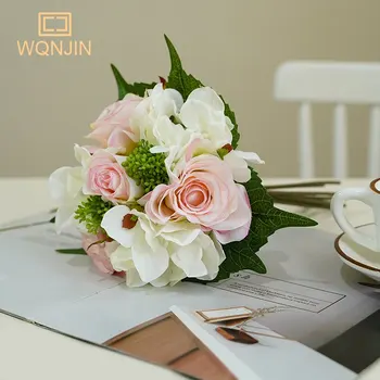 WQNJIN Flor Artificial Rosa Hortênsia Buquê de Noiva Segurando Flores do Casamento Mesa de Casa de Hotel em Decoração de Mesa de Vaso Arranjo