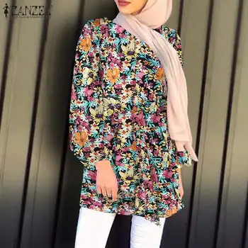 ZANZEA O Pescoço Longo Puff Manga de Camisa Boêmio Impresso de Vestuário Islâmico Mulher Elegante Floral Muçulmano Blusa com cinto de Dubai, Turquia